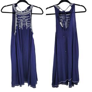 Dress Boho Halter Tie Back‎ Swing Shift Sleeveless Knee Embroidered Navy Sz S